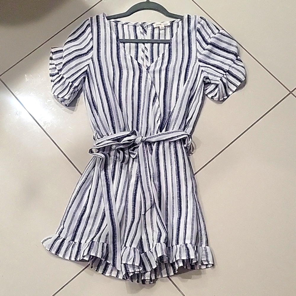 Blue and white ruffled romper